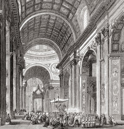 Kulkue Pietarinkirkossa, Vatikaanissa, Roomassa, Italiassa 1800-luvun lopulla. Teoksesta Italian Pictures by Rev. Samuel Manning, julkaistu noin vuonna 1890. tekijältä Reverend Samuel Manning