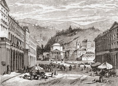 Katu Torinossa Italiassa 1800-luvun lopulla. Teoksesta Italian Pictures by Rev. Samuel Manning, julkaistu noin vuonna 1890. tekijältä Reverend Samuel Manning
