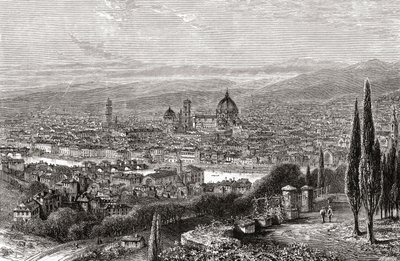 Näkymä Firenzeen, Toscanaan, Italiaan San Miniaton terassilta 1800-luvun lopulla. Teoksesta Italian Pictures by Rev. Samuel Manning, julkaistu noin vuonna 1890. tekijältä Reverend Samuel Manning