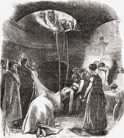 Varhaiskristillinen hauta Rooman katakombeissa Italiassa. Teoksesta Italian Pictures by Rev. Samuel Manning, julkaistu noin vuonna 1890. tekijältä Reverend Samuel Manning