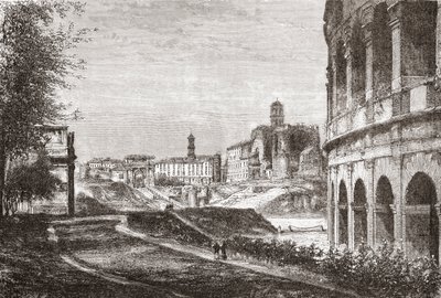 Lähestyminen Forumille Cellian kukkulalta, Rooma, Italia 1800-luvun lopulla. Teoksesta Italian Pictures by Rev. Samuel Manning, julkaistu noin vuonna 1890. tekijältä Reverend Samuel Manning