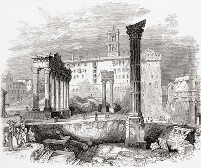 Foorumilla Capitolin suuntaan, Rooma, Italia 1800-luvun lopulla. Teoksesta Italian Pictures by Rev. Samuel Manning, julkaistu noin vuonna 1890. tekijältä Reverend Samuel Manning