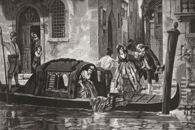 Matkustajat nousevat gondolista Grand Canalilla, Venetsiassa, Italiassa 1800-luvun lopulla. Teoksesta Italian Pictures by Rev. Samuel Manning, julkaistu noin vuonna 1890. tekijältä Reverend Samuel Manning