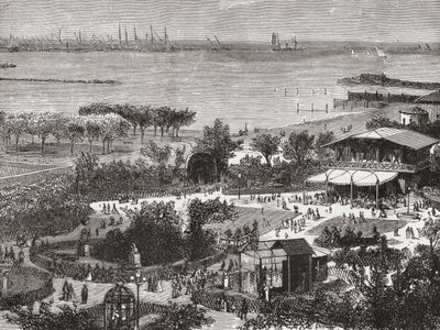 Livornon eli Leghornin julkiset puutarhat ja tienvarsi Toscanassa Italiassa 1800-luvun lopulla. Teoksesta Italian Pictures by Rev. Samuel Manning, julkaistu noin vuonna 1890. tekijältä Reverend Samuel Manning