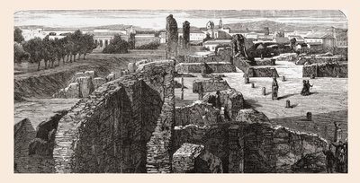 Bibliothecan jäännökset keisarien palatsissa Palatinuksen kukkulalla Roomassa, Italiassa 1800-luvun lopulla. Teoksesta Italian Pictures by Rev. Samuel Manning, julkaistu noin vuonna 1890. tekijältä Reverend Samuel Manning