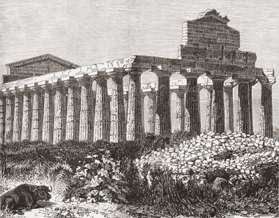 Paestumin temppeli Italiassa 1800-luvun lopulla. Teoksesta Italian Pictures by Rev. Samuel Manning, julkaistu noin vuonna 1890. tekijältä Reverend Samuel Manning