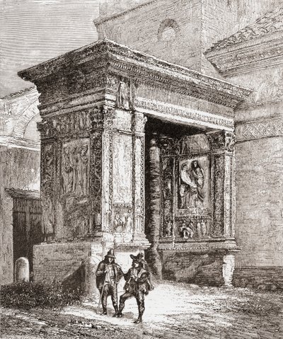 Arcus Argentariorum, San Giorgio al Velabron kirkon länsiseinässä, Rooma, Italia 1800-luvun lopulla. Teoksesta Italian Pictures by Rev. Samuel Manning, julkaistu noin vuonna 1890. tekijältä Reverend Samuel Manning