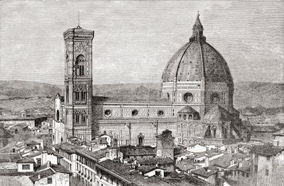 Santa Maria del Fioren basilikan Duomo ja Campanile, Piazza del Duomo, Firenze, Italia 1800-luvun lopulla. Teoksesta Italian Pictures by Rev. Samuel Manning, julkaistu noin vuonna 1890. tekijältä Reverend Samuel Manning