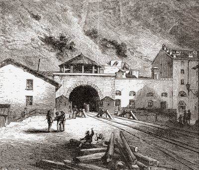 Fréjusin rautatietunneli, jota kutsutaan myös nimellä Mont Cenis -tunneli, Euroopan Alpit, Italian puolelta 1800-luvun lopulla. Teoksesta Italian Pictures by Rev. Samuel Manning, julkaistu noin vuonna 1890. tekijältä Reverend Samuel Manning