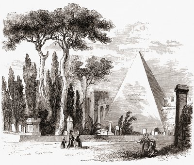 Protestanttinen hautausmaa ja Cestiuksen pyramidi, Rooma, Italia 1800-luvun lopulla. Teoksesta Italian Pictures by Rev. Samuel Manning, julkaistu noin vuonna 1890. tekijältä Reverend Samuel Manning