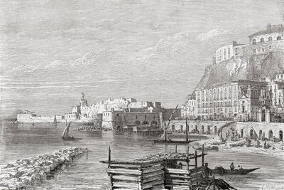 Santa Lucian laituri Napolissa Italiassa 1800-luvun lopulla. Teoksesta Italian Pictures by Rev. Samuel Manning, julkaistu noin vuonna 1890. tekijältä Reverend Samuel Manning