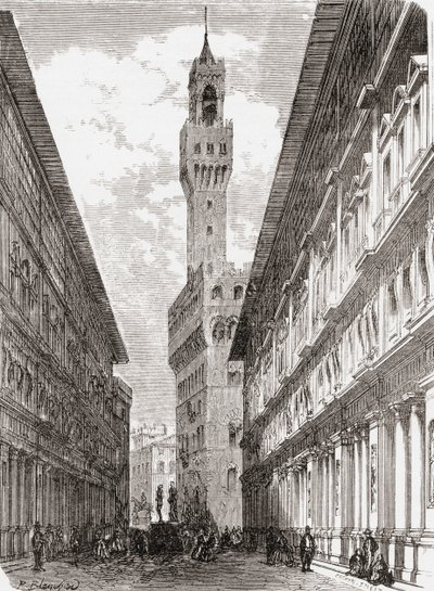 Uffizit, Palazzo Vecchio ja patsaita Piazza della Signoria -aukiolla Firenzessä 1800-luvun lopulla. Teoksesta Italian Pictures by Rev. Samuel Manning, julkaistu noin vuonna 1890. tekijältä Reverend Samuel Manning