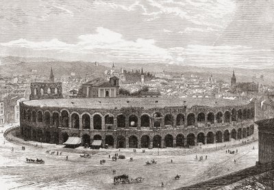 Veronan areena, Piazza Bra, Verona, Italia 1800-luvun lopulla. Teoksesta Italian Pictures by Rev. Samuel Manning, julkaistu noin vuonna 1890. tekijältä Reverend Samuel Manning