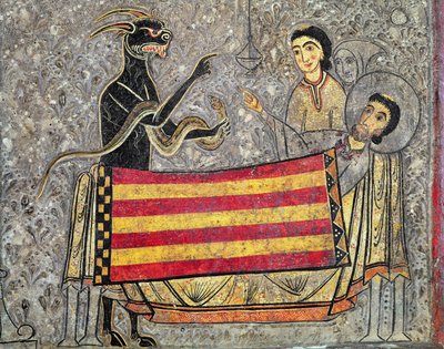 Toursin Pyhän Martinin kuolema, yksityiskohta alttarin frontaalista Saint Martinin kirkosta Chiassa, 1150-1200 (tempera paneelissa) (498163:n yksityiskohta) tekijältä Ribagorça Workshop Johannes Pintor