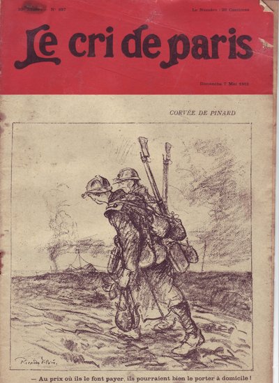 Ricardo Floresin (1878-1918) kuvitus Le Cri de Parisin kannelle, 05.07.16 - Corvee de pinard "" Hintaan tai hintaan, he saattavat käyttää sitä kotona! "" - Sota 14-18, Viini, Sotilaan elämä, Ruokalan keitto, tarvikkeet - Sotilaat tekijältä Ricardo Flores