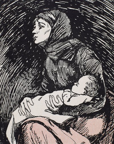 Jouluaatto. 1900. Laiha nainen lapsensa sylissään (kaiverrus) tekijältä Ricardo Maria Navarrete
