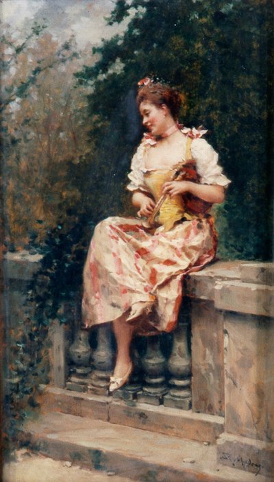 Tyttö huilun kanssa, n.1895 (öljy paneelille) tekijältä Ricardo de Madrazo y Garreta