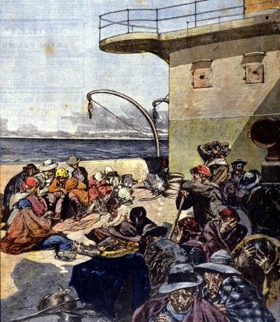Italian muutto Kanadaan; matka Lake Meganticilla tehtiin melko vaikeissa olosuhteissa. Ill. kirjoittanut R. Pellegrini. La Domenica del corriere. 6.2.1901. tekijältä Riccardo Pellegrini