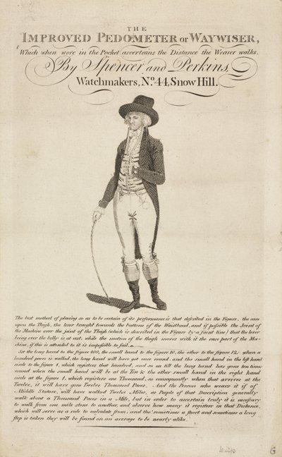 Parannettu askelmittari tai kulkumittari, 1700-luvulta tekijältä John Pardon