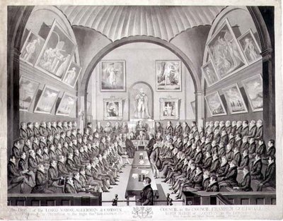 Lord Mayor, Aldermen ja Common Council in the Council Chamber Guildhall, Lontoo, kaiverrus Thomas Sutherland (s. 1785), julkaistu 1825 (litho) tekijältä Richard (after) Dighton