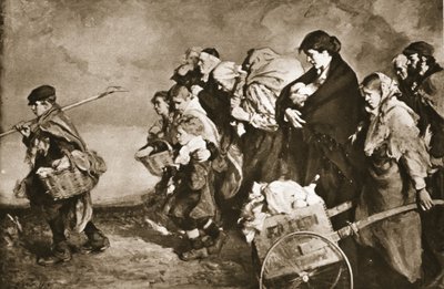 "Kodittomat", pako saksalaisilta laumoilta, "The Illustrated War News" -julkaisusta (litho) tekijältä Richard (after) Jack