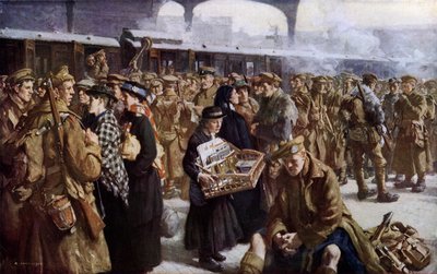Victorian asema, WW1, lähtö Ranskaan (väri litho) tekijältä Richard (after) Jack