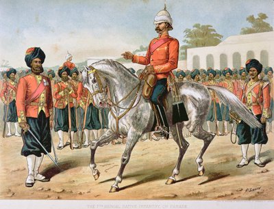 7. Bengalin jalkaväki paraatissa, anglo-intialainen armeija 1880-luvulla (väri litho) tekijältä Richard (after) Simkin