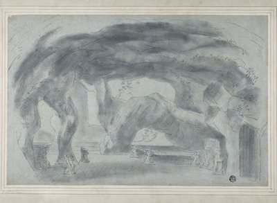 Luolan sisäpuoli (musta liitu, jossa on jäykkä, korostettu valkoisella liidulla, siniselle levitetylle paperille, asetettu kortille) tekijältä Richard (attr.to) Wilson