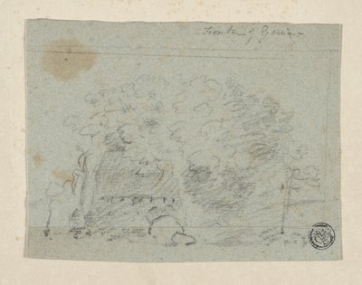 Luonnos puista lähellä siltaa (hiili ja grafiitti siniselle paperille, kaadettu kermanväriselle paperille) tekijältä Richard (attr.to) Wilson