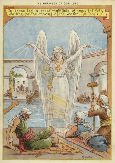 Kristuksen ihmeet: sairaat ihmiset odottavat enkelin (chromolitho) veden liikuttamista tekijältä Richard Andre