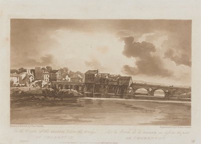 Marnen rannoilla Charentonin sillan alla 1803; Kilpi 19 Pariisin Viewsista, Emanuel Volume -jäljitys levystä B1981.25.2628 tekijältä Richard Banks Harraden