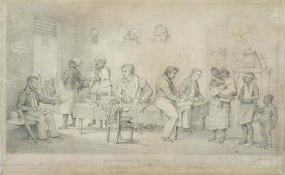 Protector of Slaves Office, Trinidad, n. 1833 (grafiitti kudospaperille) tekijältä Richard Bridgens