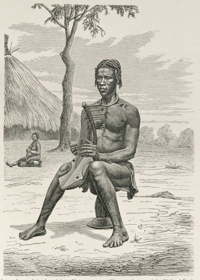 Azandehin tai Nyam-Nyamsin harppusoitin, prof. Friedrich Ratzelin teoksesta "Ihmiskunnan historia", pub. vuonna 1904 tekijältä Richard Buchta