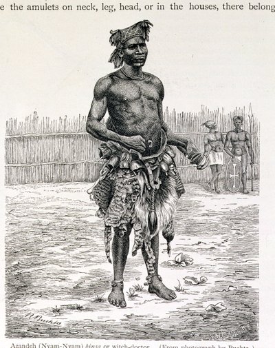 Azandeh (Nyam-Nyam) Binsa tai noitatohtori, kaiverrus Jahrmargt, Prof. Friedrich Ratzelin teoksesta "Ihmiskunnan historia", pub. vuonna 1904 (kaiverrus) tekijältä Richard Buchta