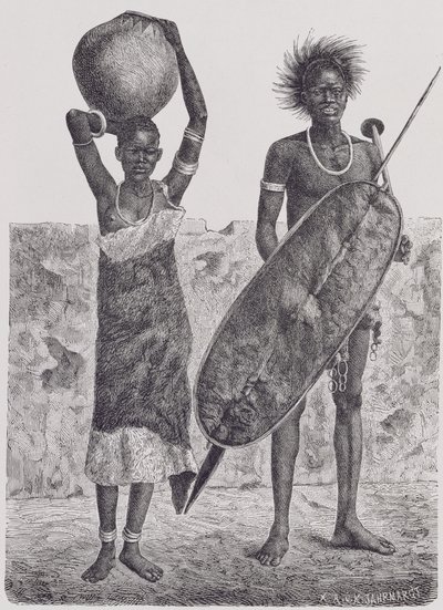 Shillook-sotilas ja -tyttö, Jahrmargtin kaiverrus, Prof. Friedrich Ratzelin teoksesta The History of Mankind, Vol.III, 1898 tekijältä Richard Buchta