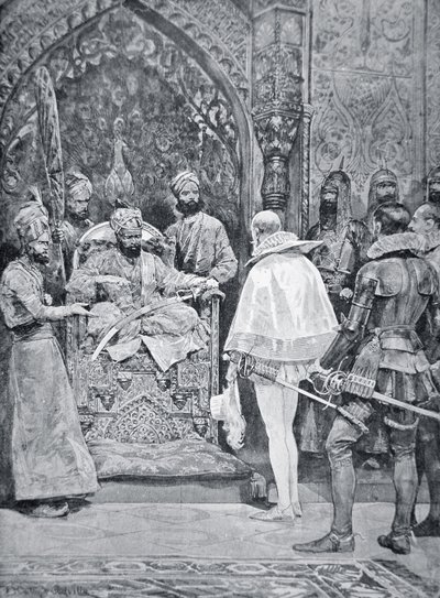 Akbar Suuri vastaanottaa kuningatar Elisabetin suurlähettilään vuonna 1599 (litho) tekijältä Richard Caton (after) Woodville