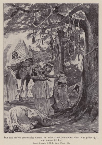 Arabinaiset kumartumassa pyhän puun eteen rukoillen, että heille annettaisiin lapsia (litho) tekijältä Richard Caton II (after) Woodville