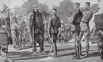 Komentaja Cronje antautuu lordi Robertsille (litografia) tekijältä Richard Caton II (after) Woodville