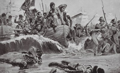 Brittiläiset joukot laskeutuvat Aboukirin lahdelle ranskalaisten pattereiden edessä (litografia). tekijältä Richard Caton II (after) Woodville