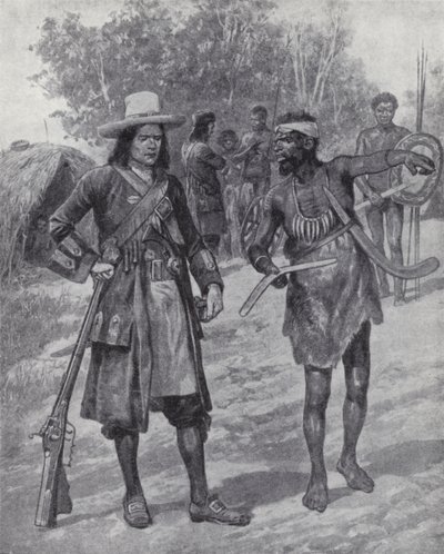 William Dampier alkuperäiskansan kanssa tutkiessaan Australiaa 1600-luvun lopulla (litho) tekijältä Richard Caton II (after) Woodville