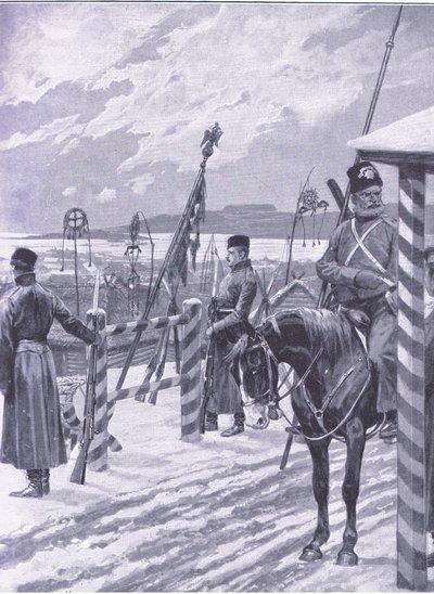 Mantsurian kasakka-asema, jossa heimokyltit miesten majojen päällä, kuva Cassellsin Venäjän ja Japanin sodan historiasta, osa 1, n. 1900 tekijältä Richard Caton Woodville