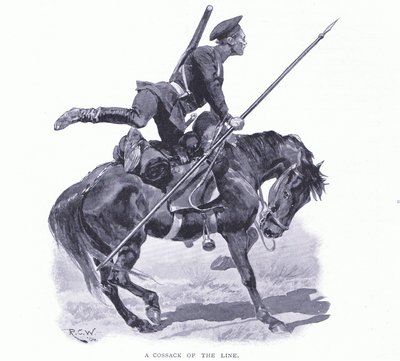 Linjan kasakka, kuvitus julkaisusta Cassells History of the Russian-Japanese War, Vol 1, n. 1900 tekijältä Richard Caton Woodville