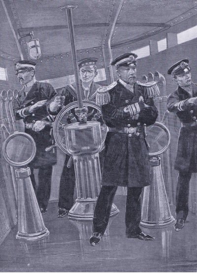 Admiral Togo lippulaivansa Conning Towerissa, ohjaa laivastotoimintaa, kuvitus Cassellsin Venäjän ja Japanin sodan historiasta, osa 1, n. 1900 tekijältä Richard Caton Woodville