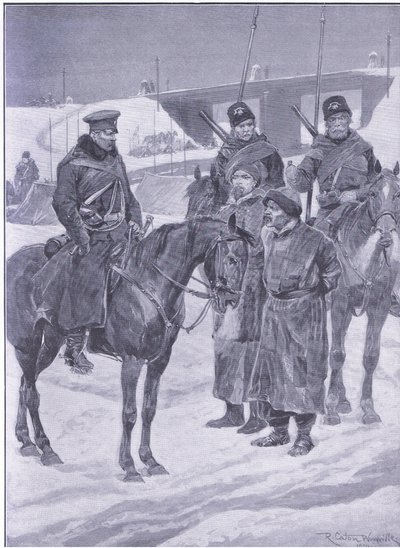 Huippuina löydettyjen japanilaisten vakoojien pidätys, kuvitus Cassellsin Venäjän ja Japanin sodan historiasta, osa 1, n. 1900 tekijältä Richard Caton Woodville