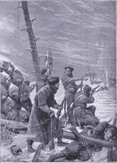 Chunchusten hyökkäys rautatietä vastaan, kuvitus teoksesta Cassells History of the Russo-Japanese War Vol 1, n. 1900. tekijältä Richard Caton Woodville