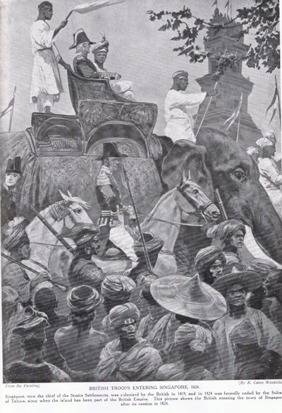 Brittijoukot saapuvat Singaporeen, 1824, kuvitus teoksesta "Hutchinsonin tarina brittiläisestä kansasta" tekijältä Richard Caton Woodville