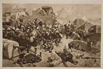 Candahar: 92. ylämaalaiset ja 2. gurkit hyökkäävät Gaudi Mullah Sahibdadiin, The Illustrated London Newsista, 1901 tekijältä Richard Caton Woodville