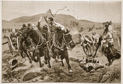 Field Artillery ryhtyy toimiin, kuvitus teoksesta "Battles of the Nineteenth Century, Vol. VI: Buurien sota 1899-1900, Archibald Forbes, G.A. Henty ja majuri Arthur Griffiths tekijältä Richard Caton Woodville
