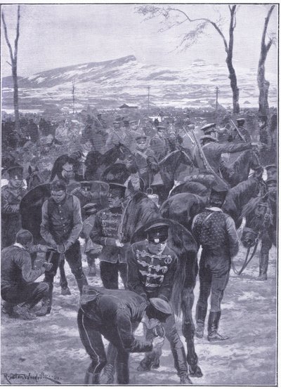 Japanilaisen ratsuväen leirintäalue Soulissa: Farriers työssä, kuva Cassellsista Venäjän ja Japanin sodan historia, osa 1, n. 1900 tekijältä Richard Caton Woodville