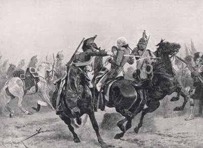 Ranskan lohikoonien hyökkäys Sir Ralph Abercrombieta vastaan, kuvitus julkaisusta "British Battles on Land and Sea", julkaisija Cassell, Lontoo, n. 1910 tekijältä Richard Caton Woodville